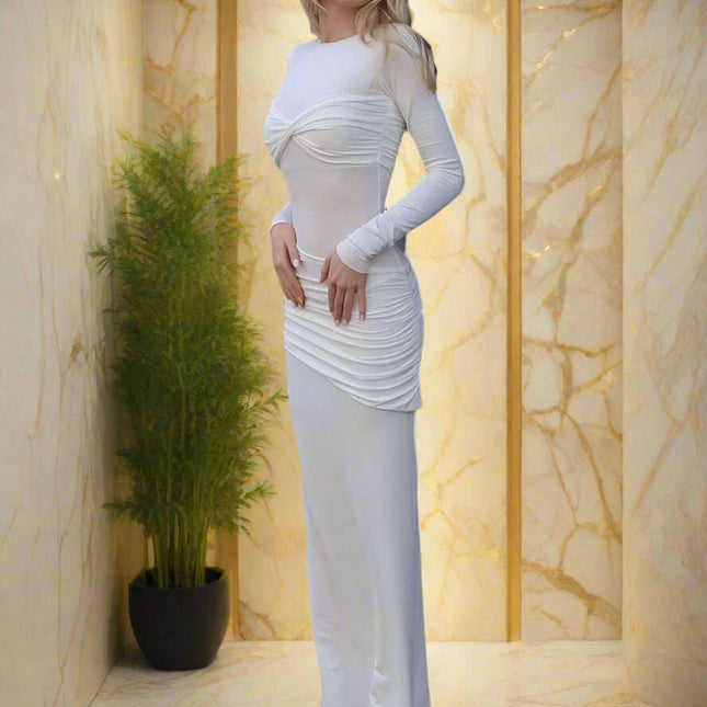 Chic Women's O Neck Long Sleeve Knit Bodycon Maxi Dress - Versatile Pullover Style