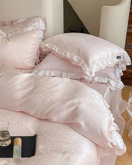 Luxurious Blush Lyocell Silky Princess Bedding Ensemble with Jacquard Ruffles - Duvet Cover, Flat Sheet, Fitted Sheet, and Pillowcases