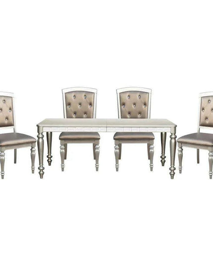 Glistening Silver Dining Ensemble with Crystal-Accented Tufted Chairs