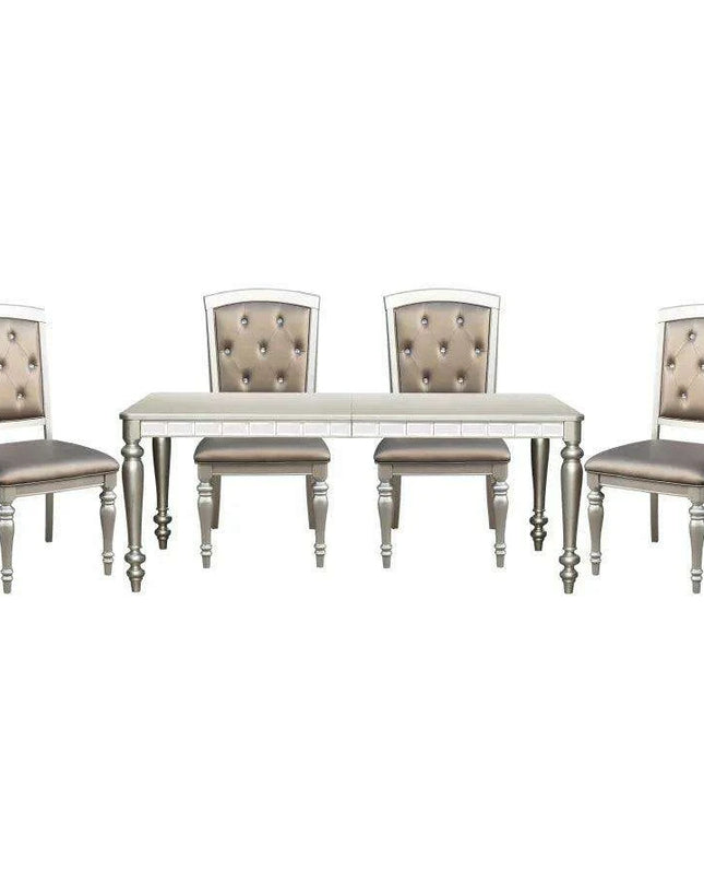 Glistening Silver Dining Ensemble with Crystal-Accented Tufted Chairs