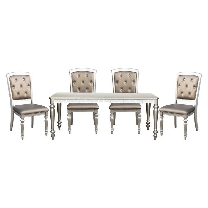 Glistening Silver Dining Ensemble with Crystal-Accented Tufted Chairs
