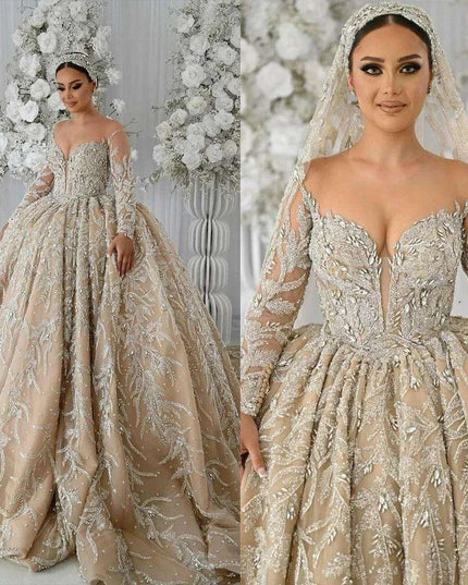 Stunning Bespoke Off-Shoulder Sequin Wedding Ball Gown with Elegant Long Sleeves