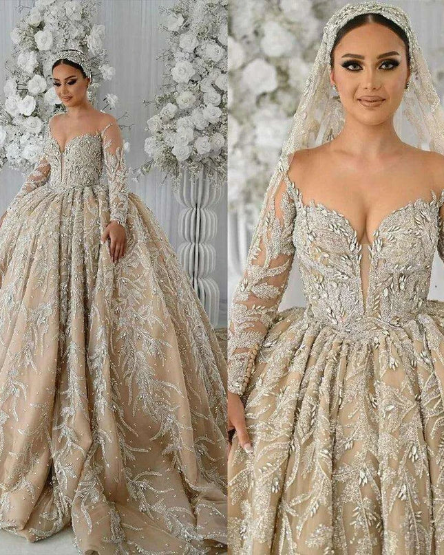 Stunning Bespoke Off-Shoulder Sequin Wedding Ball Gown with Elegant Long Sleeves