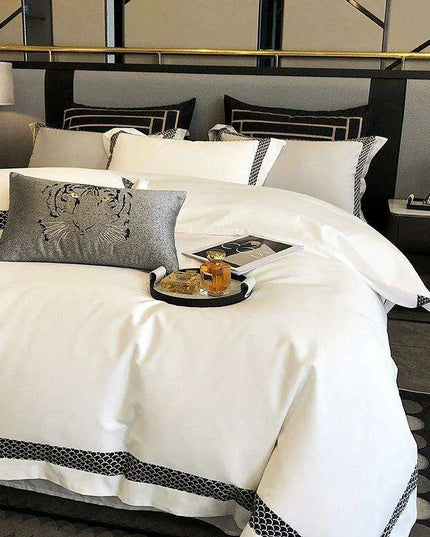 Premium 1000TC Egyptian Cotton White 4-Piece Embroidered Luxury Bedding Set with Duvet Cover, Pillowcases, and Bed Sheet