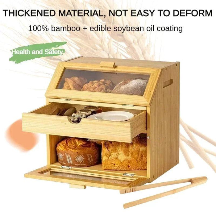 Elegant 3-Tier Bamboo Bread Storage Box with Clear Viewing Window - Chic Organizer for Fresh Baked Goods