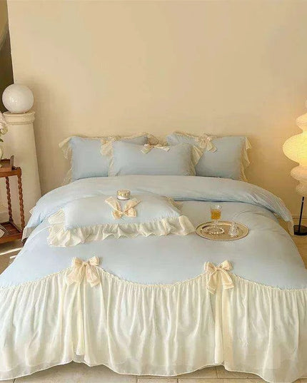 Elegant French Lace Ruffled Duvet Cover Set - Luxurious Bedding Ensemble with Bow Accents, Soft Sheets and Pillowcases