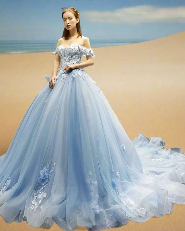 Stunning Off-The-Shoulder Cerulean Quinceanera Ball Gown with Graceful Lace Details and Dramatic Train