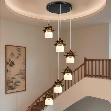 Solid Wood & Glass LED Pendant Light — Oriental Design, E27, Tri-Color