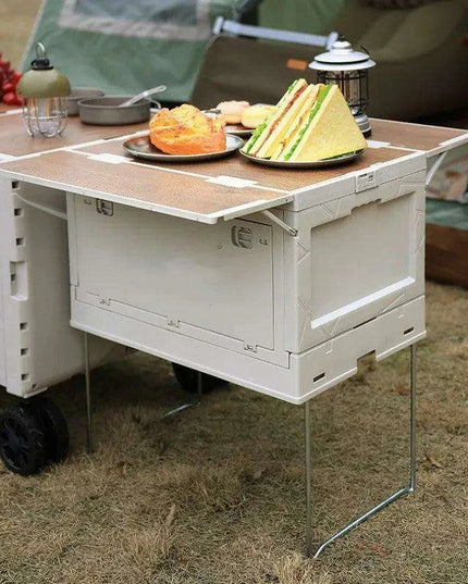 Multi-Functional Outdoor Gear Organizer with Integrated Table Access