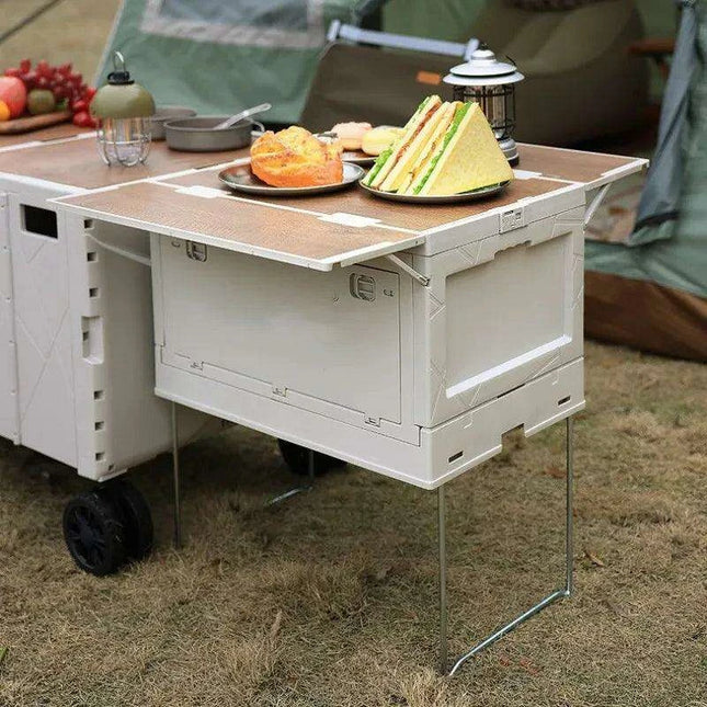 Multi-Functional Outdoor Gear Organizer with Integrated Table Access