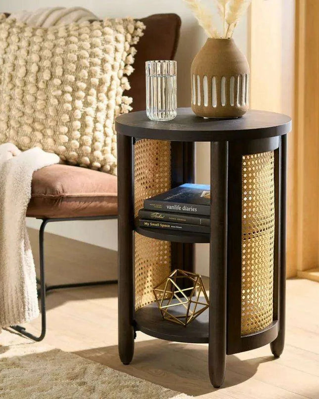 Tropical Charm Caned Round Side Table with Warm Honey Finish – Versatile Elegance for Any Room