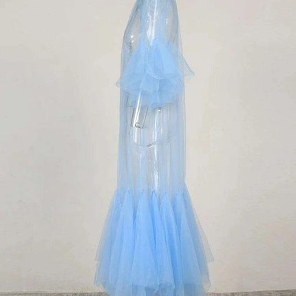 Plus Size Women's Blue Mesh Long Dress with Round Neck & 3/4 Sleeves - 2024 Spring Autumn Fashion JR77105