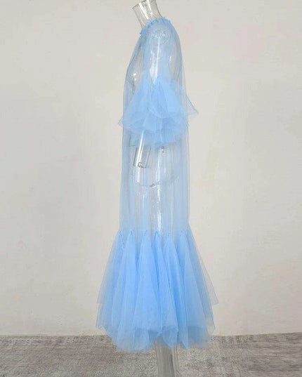 Plus Size Women's Blue Mesh Long Dress with Round Neck & 3/4 Sleeves - 2024 Spring Autumn Fashion JR77105