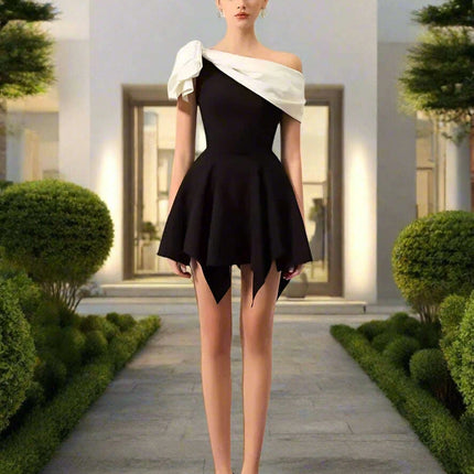 Chic Contrast Color Bowknot Mini Dress with Irregular Slash Neck for Women - DEAT Summer Collection 2024