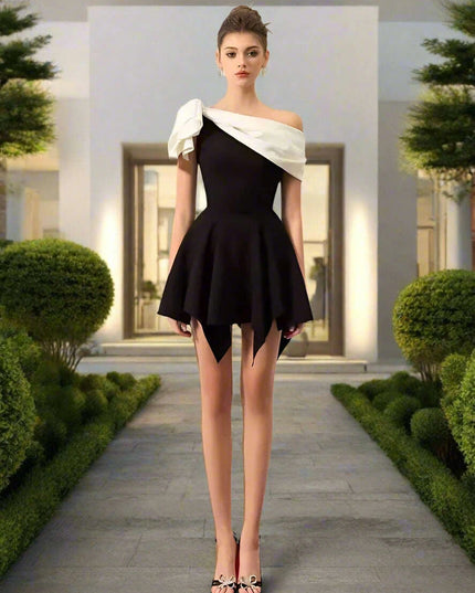 Chic Contrast Color Bowknot Mini Dress with Irregular Slash Neck for Women - DEAT Summer Collection 2024
