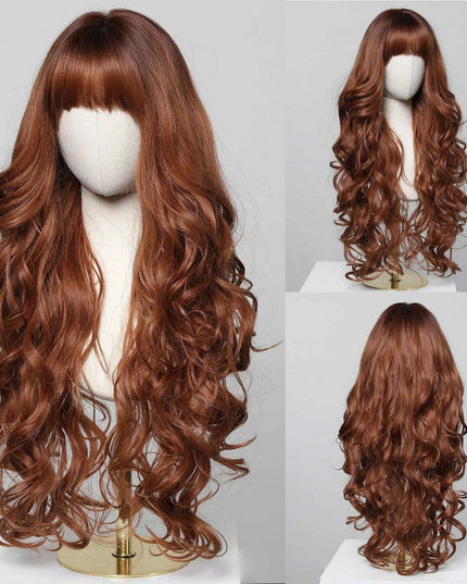 30-Inch Brown Wavy Synthetic Wig with Bangs - Perfect for Parties and Themed Events