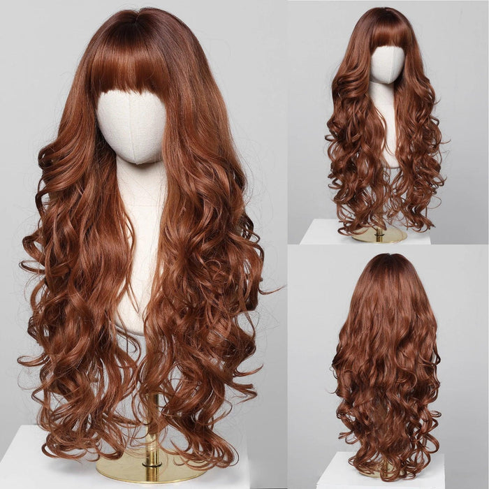 30-Inch Brown Wavy Synthetic Wig with Bangs - Perfect for Parties and Themed Events