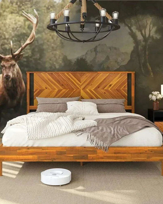 Rustic Golden Brown Acacia Wood Queen Bed Frame with Herringbone Headboard