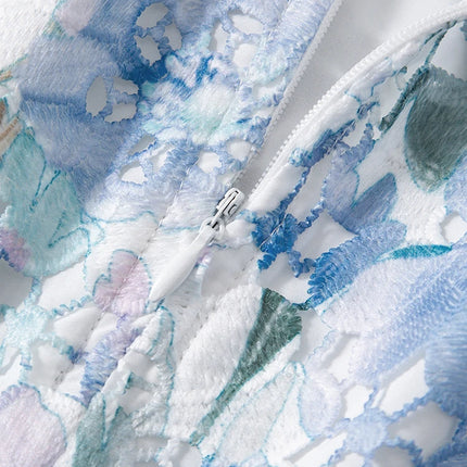 Blue Floral Water Soluble Lace Dress Women Summer Sleeveless O Neck Slim Elegant Tank Dress blue-floral-water-soluble-lace-dress-women-summer-sleeveless-o-neck-slim-elegant-tank-dress