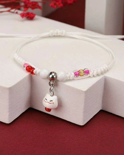 Fortune Bringer Lucky Cat Adjustable Bracelet - Handmade Red Accessory for Positive Energy