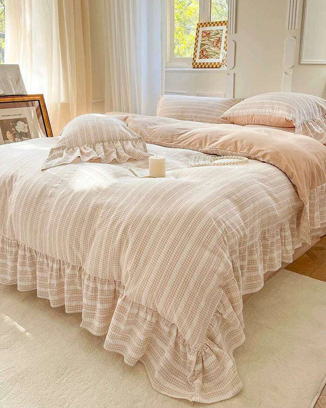 Elegant 4-Piece French Vintage Plaid Cotton Bedding Set with Ruffled Duvet Cover and Bed Skirt