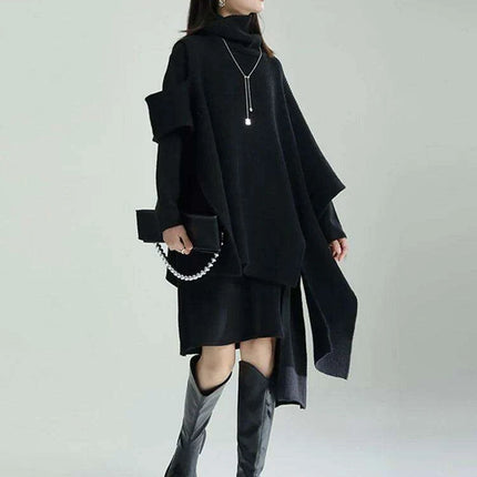 Trendy Women's Asymmetrical Gray Knit Turtleneck Dress - Loose Long Sleeve for Spring & Autumn 2024