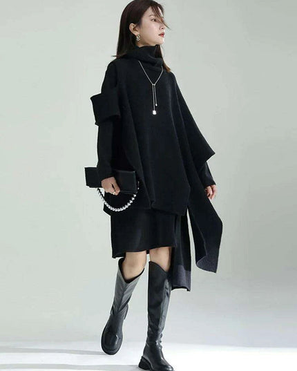 Trendy Women's Asymmetrical Gray Knit Turtleneck Dress - Loose Long Sleeve for Spring & Autumn 2024