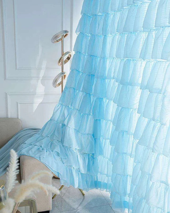 Chic Ruffled Blue Cupcake Layer Semi-Blackout Curtains for Stylish Living Spaces and Girls' Bedrooms