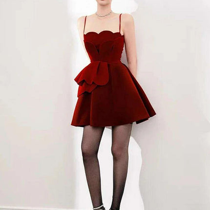 Red Velvet Sleeveless Slip Dress with Trendy Patchwork for Summer