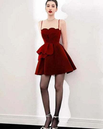 Red Velvet Sleeveless Slip Dress with Trendy Patchwork for Summer