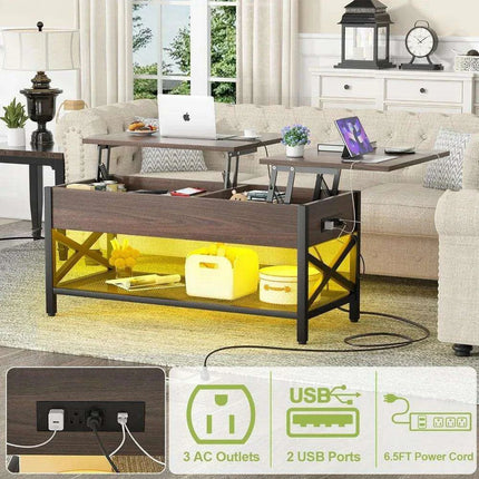 Modern Lift-Top Coffee Table with LED Lighting, USB Ports, and Smart Storage Solutions