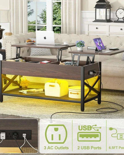 Modern Lift-Top Coffee Table with LED Lighting, USB Ports, and Smart Storage Solutions