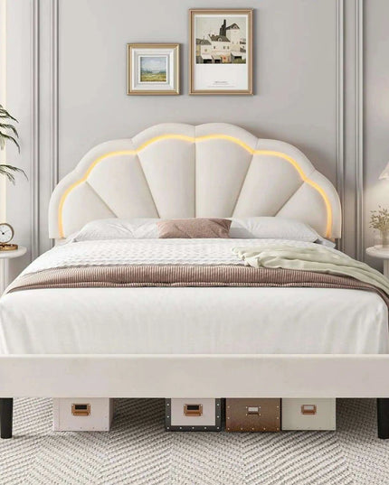 Elegant Velvet LED Flower Headboard Bed Frame - Full Size with Customizable Lighting Features