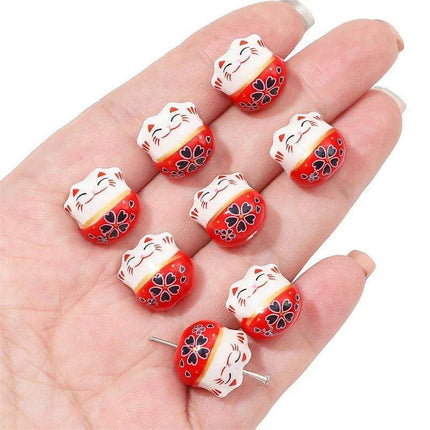 Set of 2 Artisan 14mm Ceramic Lucky Cat Charms for Creative Jewelry Designs