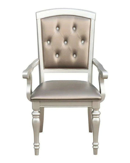 Glistening Silver Dining Ensemble with Crystal-Accented Tufted Chairs