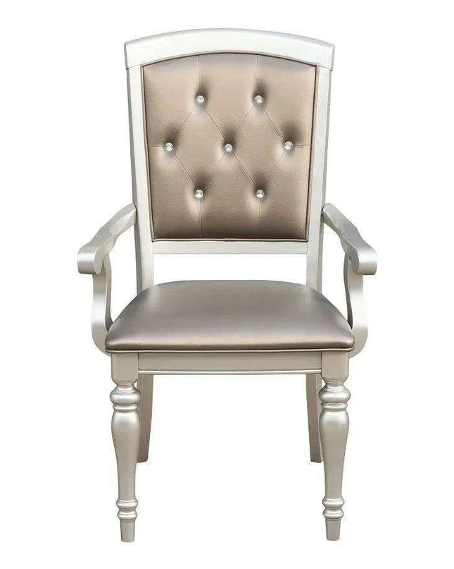 Glistening Silver Dining Ensemble with Crystal-Accented Tufted Chairs