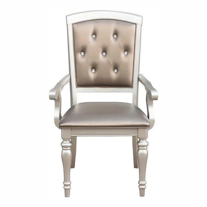 Glistening Silver Dining Ensemble with Crystal-Accented Tufted Chairs