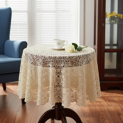 Nordic Lace Crochet Tablecloth — Elegant Pastoral Table Cover, Round