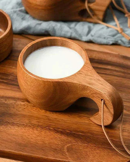 Rustic Acacia Wood Outdoor Mug - Elegant Camping Coffee & Milk Cup with Practical Rope Handle