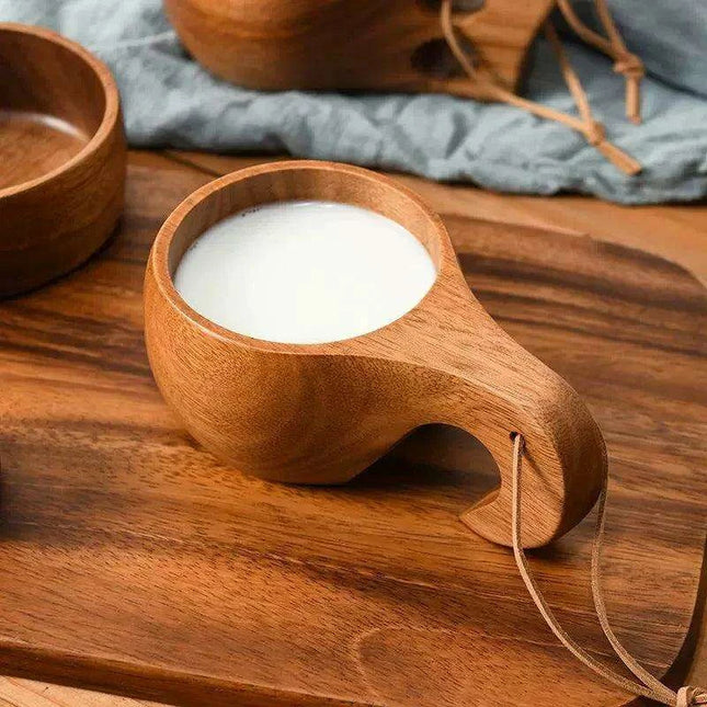 Rustic Acacia Wood Outdoor Mug - Elegant Camping Coffee & Milk Cup with Practical Rope Handle