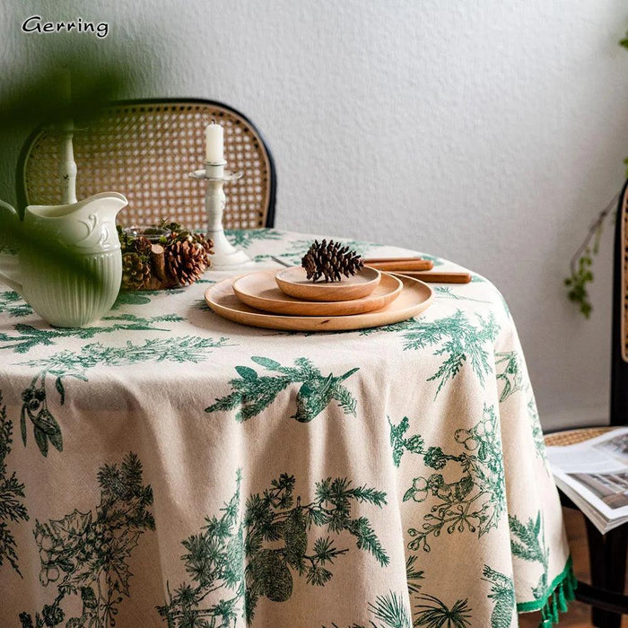 Elegant Green Printed Cotton Linen Tablecloth