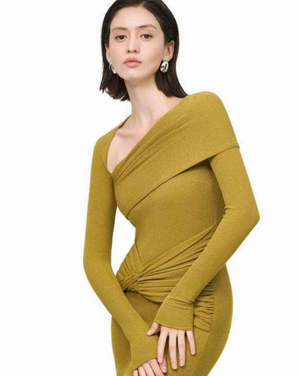 Sophisticated Asymmetrical Knit Dress with Pleats and Cross Collar for Women - Form-Fitting Autumn Evening Dress 2024