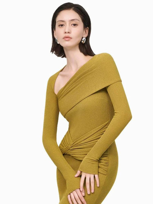 Sophisticated Asymmetrical Knit Dress with Pleats and Cross Collar for Women - Form-Fitting Autumn Evening Dress 2024