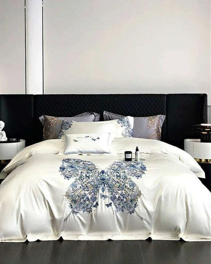 Luxurious Butterfly Embroidery Satin Silk Cotton Bedding Set - Silky Brocade Duvet Cover, Bed Sheet & Pillowcases (4 Piece Collection)
