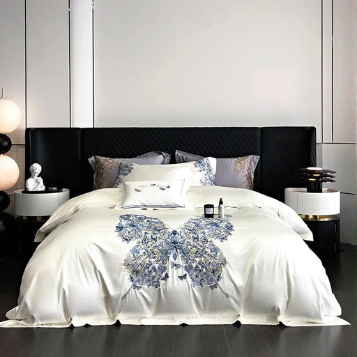 Luxurious Butterfly Embroidery Satin Silk Cotton Bedding Set - Silky Brocade Duvet Cover, Bed Sheet & Pillowcases (4 Piece Collection)