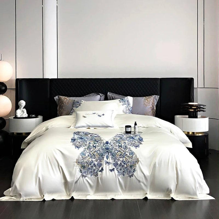 Luxurious Butterfly Embroidery Satin Silk Cotton Bedding Set - Silky Brocade Duvet Cover, Bed Sheet & Pillowcases (4 Piece Collection)