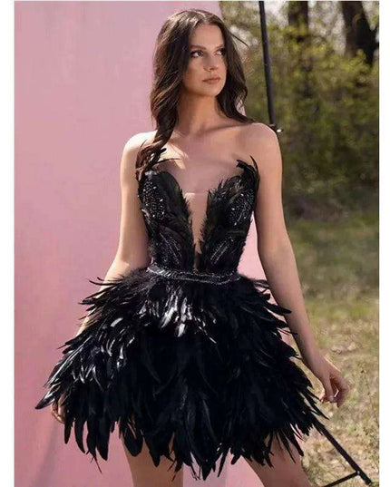 Elegant Black Feather Strapless Gown for Women