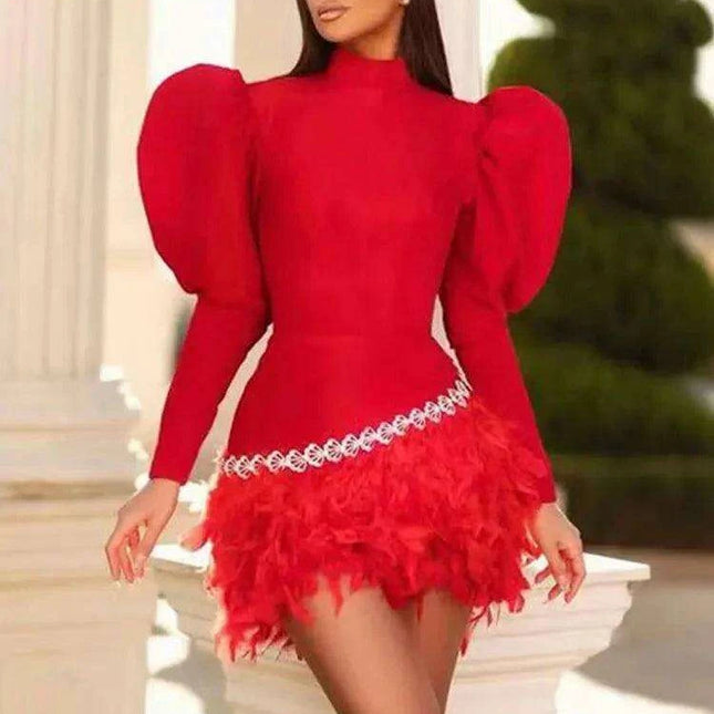 Glamorous Diamond & Feather Bubble Sleeve Bodycon Mini Dress - Dazzling Elegance