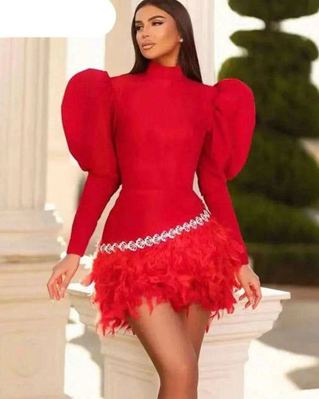 Glamorous Diamond & Feather Bubble Sleeve Bodycon Mini Dress - Dazzling Elegance