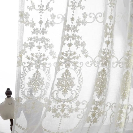 White Floral Embroidered Sheer Voile Curtains – Grommet Top